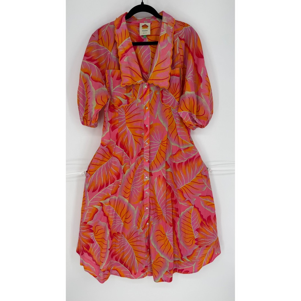FARM RIO BRIGHT FOREST MIDI SHIRTDRESS PINK ORANGE TROPICAL SCALLOP COLLAR SMALL